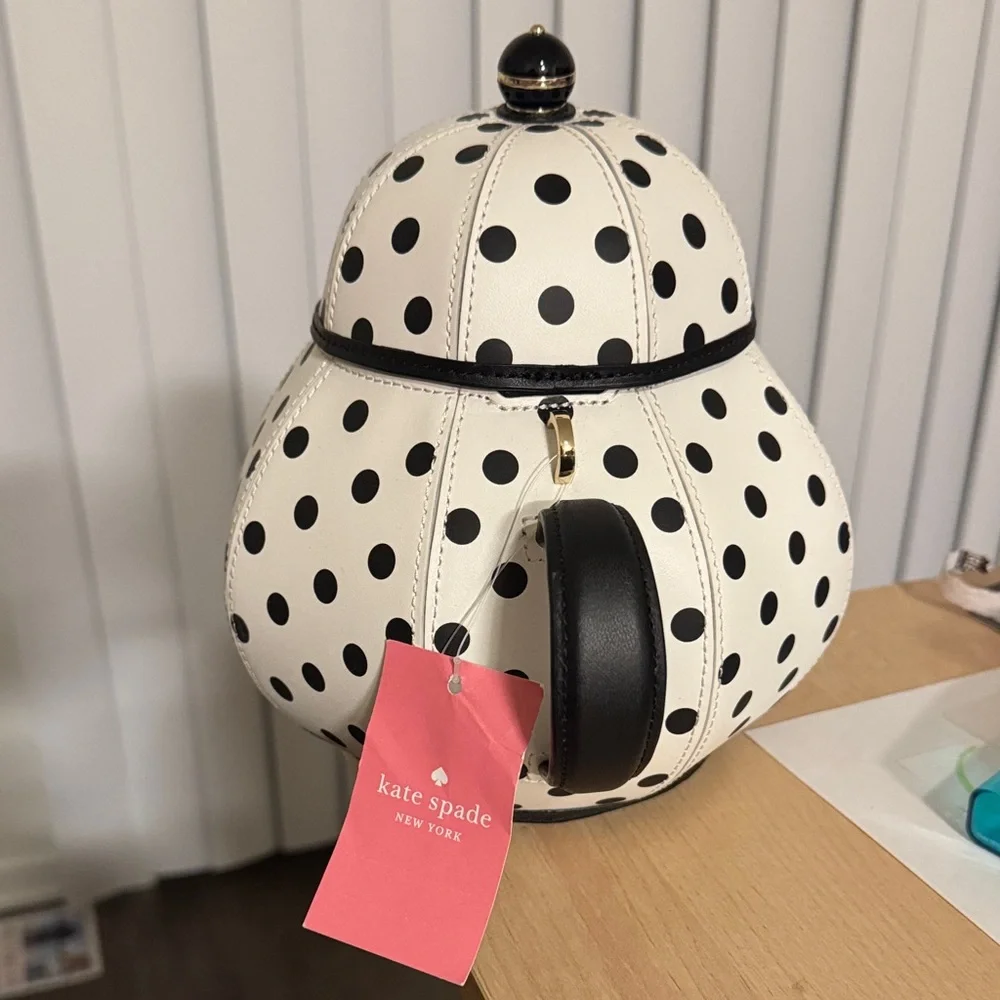 Kate Spade Alice and Wonderland Black and White Polka Dot Teapot Bag - Picture 5 of 8